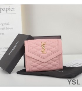 Yves Saint Laurent Små Gaby Trifold Lommebok I Vattert Lammeskinn Rosa/Gull