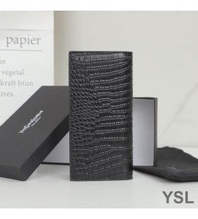 Yves Saint Laurent Små Monogram Continental Lommebok I Krokodille Preget Skinn Sort/Gull