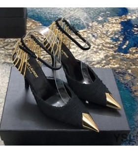 Yves Saint Laurent Vesper Slingback Pumper I Tweed og Skinn med Slynge Kjeder Black/Gold