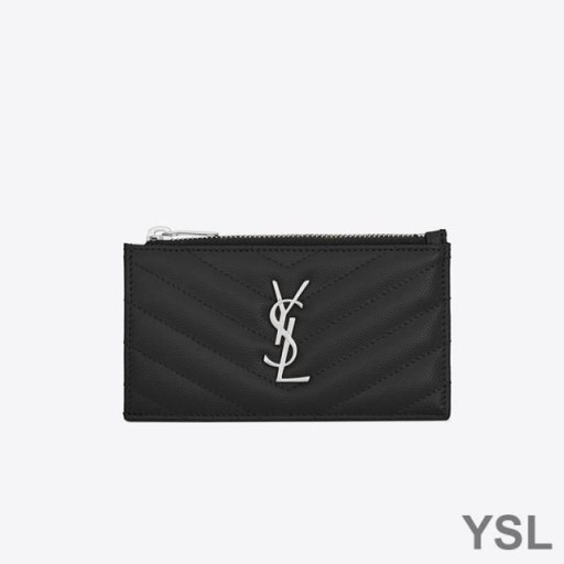 Etui na karty Yves Saint Laurent Fragments Na zamek Z Ziarnistej skóry Matelasse Czarny/Srebrny