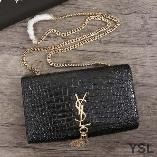 Torba-łańcuch Yves Saint Laurent Medium Kate z pędzelkiem z błyszczącej skóry z wytłoczonym pod Krokodyla Czarny/złoty kolor