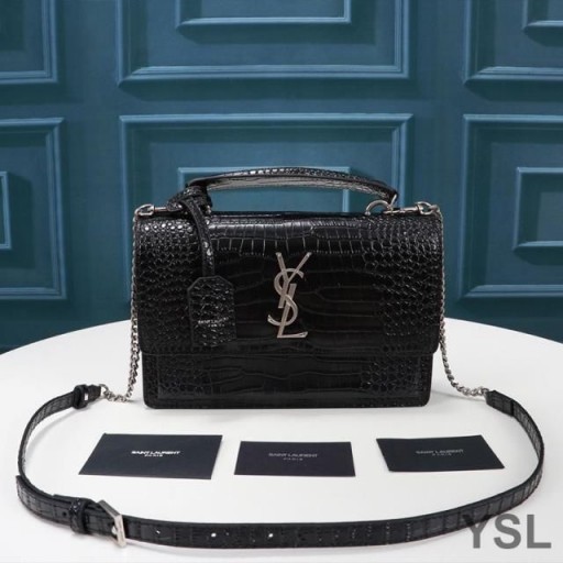 Torba Yves Saint Laurent Medium Sunset Z Błyszczącej skóry z wytłoczonym pod krokodyla Czarny/srebrny