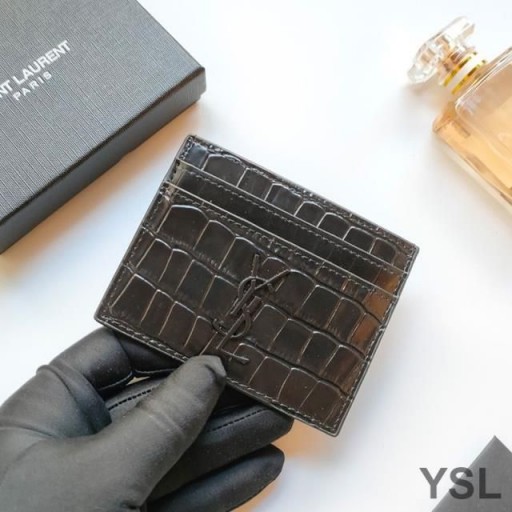 Etui na Wizytówki z Monogramem Yves Saint Laurent ' Ze Skóry z Wytłoczonym pod Krokodyla w Kolorze Czarnym