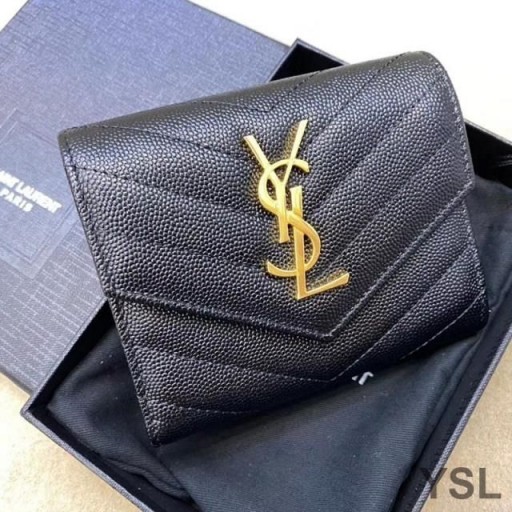 Trójwarstwowa Etui Na wizytówki Z Monogramem Yves Saint Laurent Z Ziarnistej skóry Matelasse Czarny/Złoty