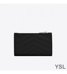 Yves Saint Laurent Fragmente Fermoar Portofel Bifold În Granulat Matelasse Piele Negru/Argintiu