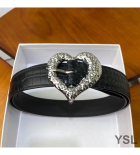 Yves Saint Laurent Inima Centura În Crocodil Relief Din Piele Negru/Argintiu