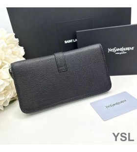 Yves Saint Laurent Mare Linie Zip În Jurul Portofel În Granulat Din Piele Negru/Argintiu