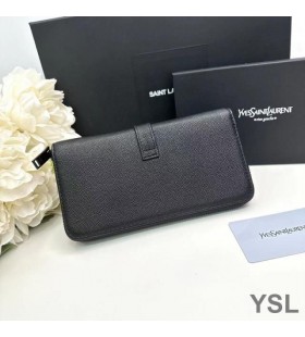 Yves Saint Laurent Mare Linie Zip În Jurul Portofel Din Piele Negru Granulat