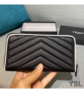 Yves Saint Laurent Mare Monogram Zip În Jurul Portofel În Granulat Matelasse Piele Negru/Alb