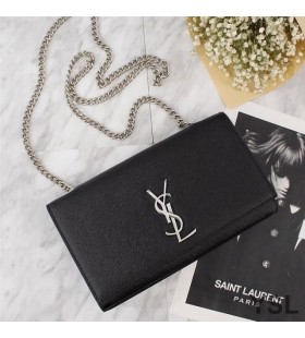 Yves Saint Laurent Mediu Kate Sac Lanț În Granulat Din Piele Negru/Argintiu
