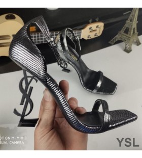 Yves Saint Laurent Opyum Sandale Din Piele cu Sclipici Negru cu Toc de Argint