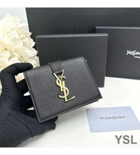 Yves Saint Laurent Linie De Mic Portofel Bifold În Granulat Din Piele Negru/Auriu