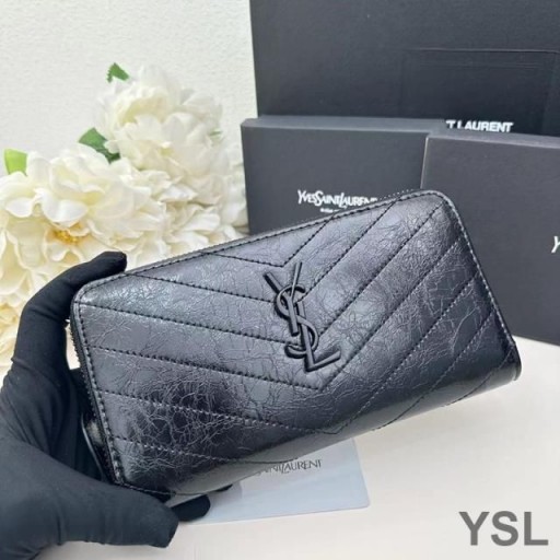Yves Saint Laurent Veľké Cassandra Zips Okolo Peňaženky V Plisované Matelasse Kožené Čierne