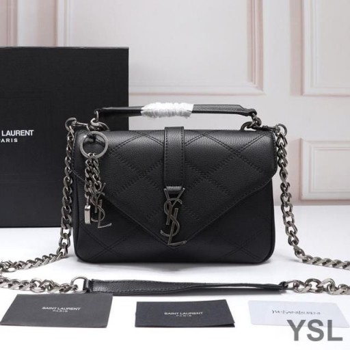 Yves Saint Laurent Stredné Klasické College Reťazca Taška Diamond Matelasse Koža Čierna/Strieborná
