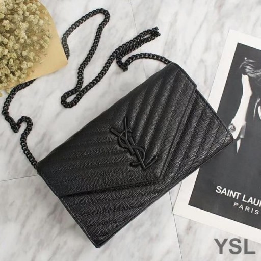 Yves Saint Laurent Monogram Reťazca Peňaženky V Zrnitá Matelasse Kožené Čierne