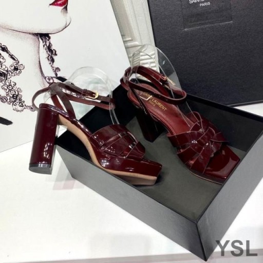 Yves Saint Laurent Hold Platformu Sandále V Lakovanej Kože Burgundsko