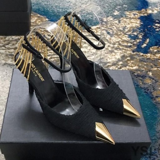 Yves Saint Laurent Vesper Slingback Čerpadlá V Tweed a Kože s Viazacie Reťaze Black/Gold