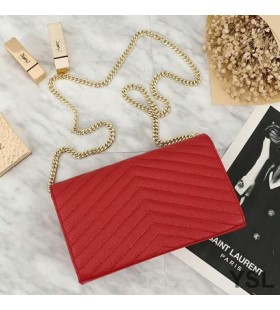 Yves Saint Laurent Monogram Reťazca Peňaženky V Zrnitá Matelasse Koža Červená/Zlatá
