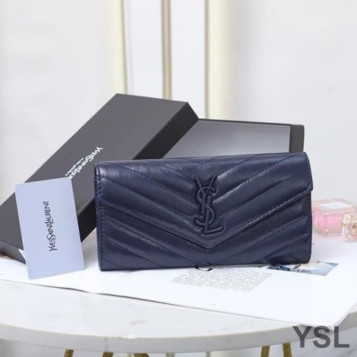 Yves Saint Laurent 큰 모노그램이 플랩 지갑에 남기고 미니바 가죽 네이비 블루