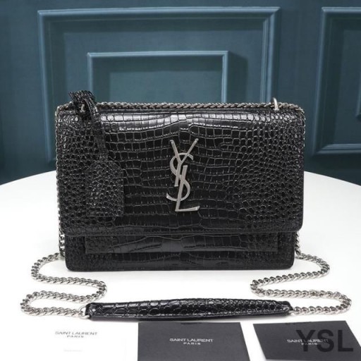 Yves Saint Laurent 중 일몰 체인 가방에서 악어 가죽 블랙/실버