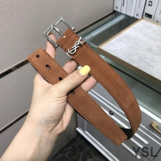 Yves Saint Laurent 모노그램 벨트와 스퀘어 버클에서 스웨이드 브라운/Silver