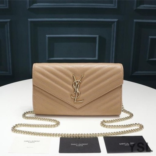 Yves Saint Laurent 모노그램인 지갑에서 텍스쳐드 미니바 가죽 살구/골드