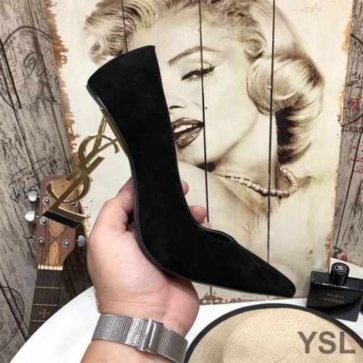 Yves Saint Laurent Opyum 펌프에서 스웨이드 골드 힐 블랙
