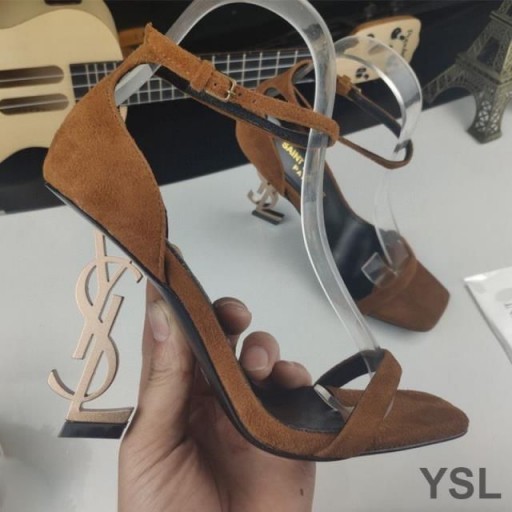 Yves Saint Laurent Opyum 샌들에 스웨이드 골드 힐 Brown