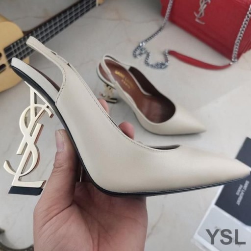 Yves Saint Laurent Opyum 슬링 펌프에서 부드러운 가죽으로 금 힐 베이지