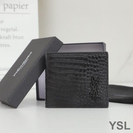 Yves Saint Laurent 작은 모노그램 동쪽/서쪽 지갑에서 악어 가죽 검정