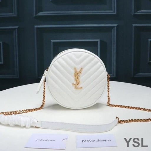 Yves Saint Laurent Vinyle 라운드 카메라 가방에서는 세분화된 가죽 미니바 백색/금색