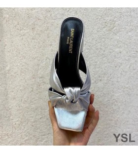 Yves Saint Laurent Bianca 굽 미끄럼 부드러운 가죽 실버