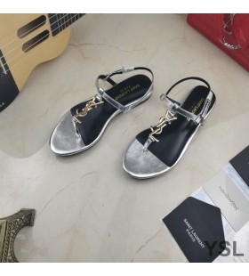 Yves Saint Laurent Cassandra Flat Sandals With T-Strap In Calfskin Leather Silver