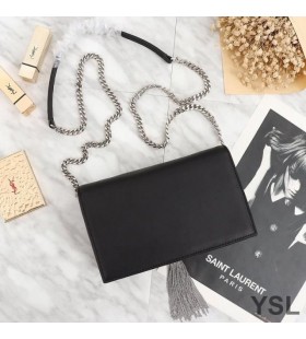 Yves Saint Laurent 케이 체인 지갑 술을 가진 가죽 블랙/실버