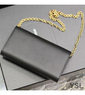 Yves Saint Laurent Le 에 체인 지갑에서 반짝이는 가죽 검정