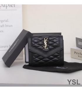 이브 생 로랑은 작은 삼중 가비 지갑에서 누비 램스킨 Black/Gold