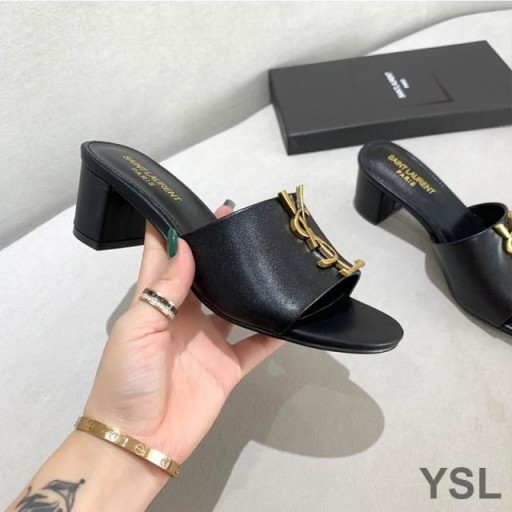 Sandale Na Petu S Monogramom Yves Saint Laurent Od Teleće Kože Crne Boje