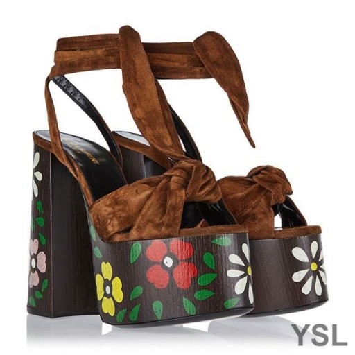 Sandale Yves Saint Laurent Paige Na platformi Od antilopa S Cvjetnim uzorkom Smeđe boje