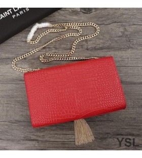 Torba-lanac Yves Saint Laurent Medium Kate s četkom od sjajnu kožu s krokodilskim Crvenog/zlatne boje