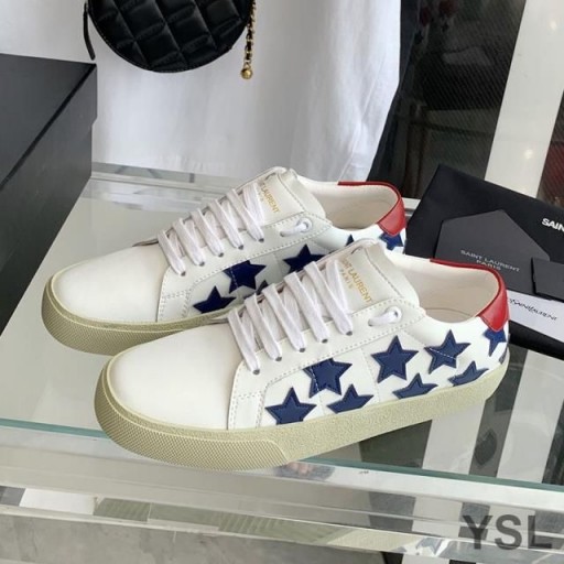 Yves Saint Laurent Domstolen Klassiska Sneakers I Stjärnor Broderade Läder Vit/Blå