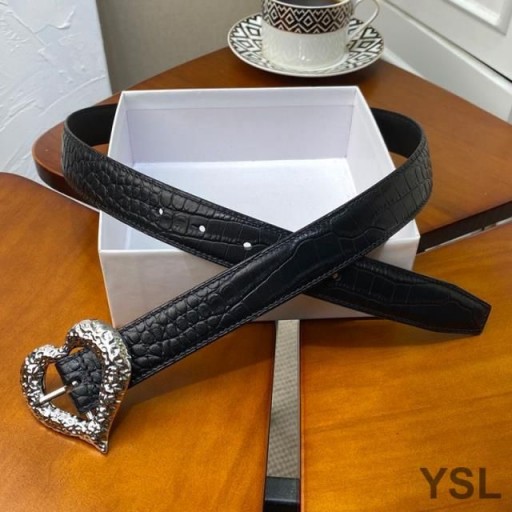 Yves Saint Laurent Hjärtat Bälte I Krokodil Präglat Läder Svart/Silver