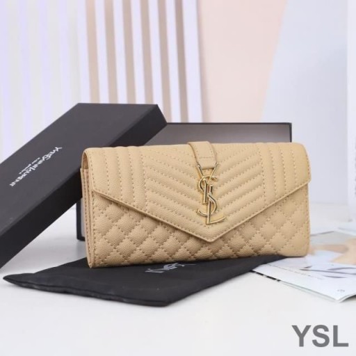 Yves Saint Laurent Stort Kuvert Flap Plånbok I Blandade Finkornig Matelasse Läder Aprikos/Guld