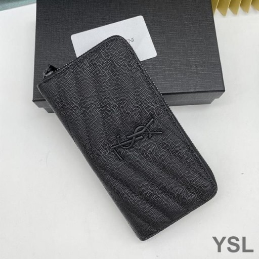 Yves Saint Laurent Stora Monogram Zip Runt Plånbok I Finkornig Matelasse Läder Svart