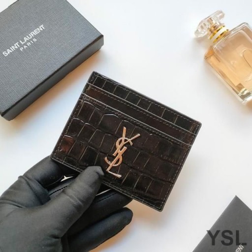 Yves Saint Laurent Monogram Kortet Gäller I Krokodil Präglat Läder Svart/Silver
