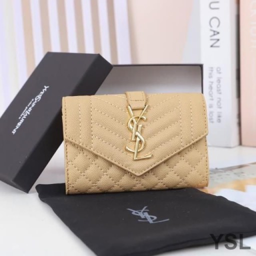 Yves Saint Laurent Litet Kuvert Flap Plånbok I Blandade Finkornig Matelasse Läder Aprikos/Guld
