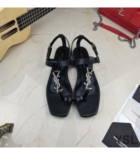 Yves Saint Laurent Cassandra Flat Sandals with Toehold Loop In Smooth Leather Black