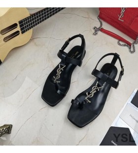 Yves Saint Laurent Cassandra Flat Sandals with Toehold Loop In Smooth Leather Black