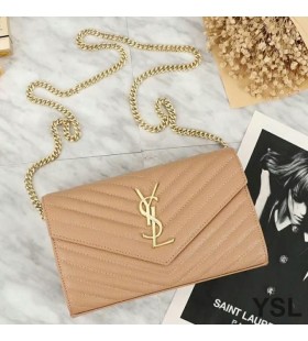 Yves Saint Laurent Monogram Kedja Plånbok I Finkornig Matelasse Läder Aprikos/Guld