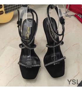 Yves Saint Laurent Opyum Sandals In Satin and Rhinestones With Gold Heel Black