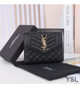 Yves Saint Laurent Litet Kuvert Trebladiga Plånbok I Blandade Finkornig Matelasse Läder Svart/Guld
